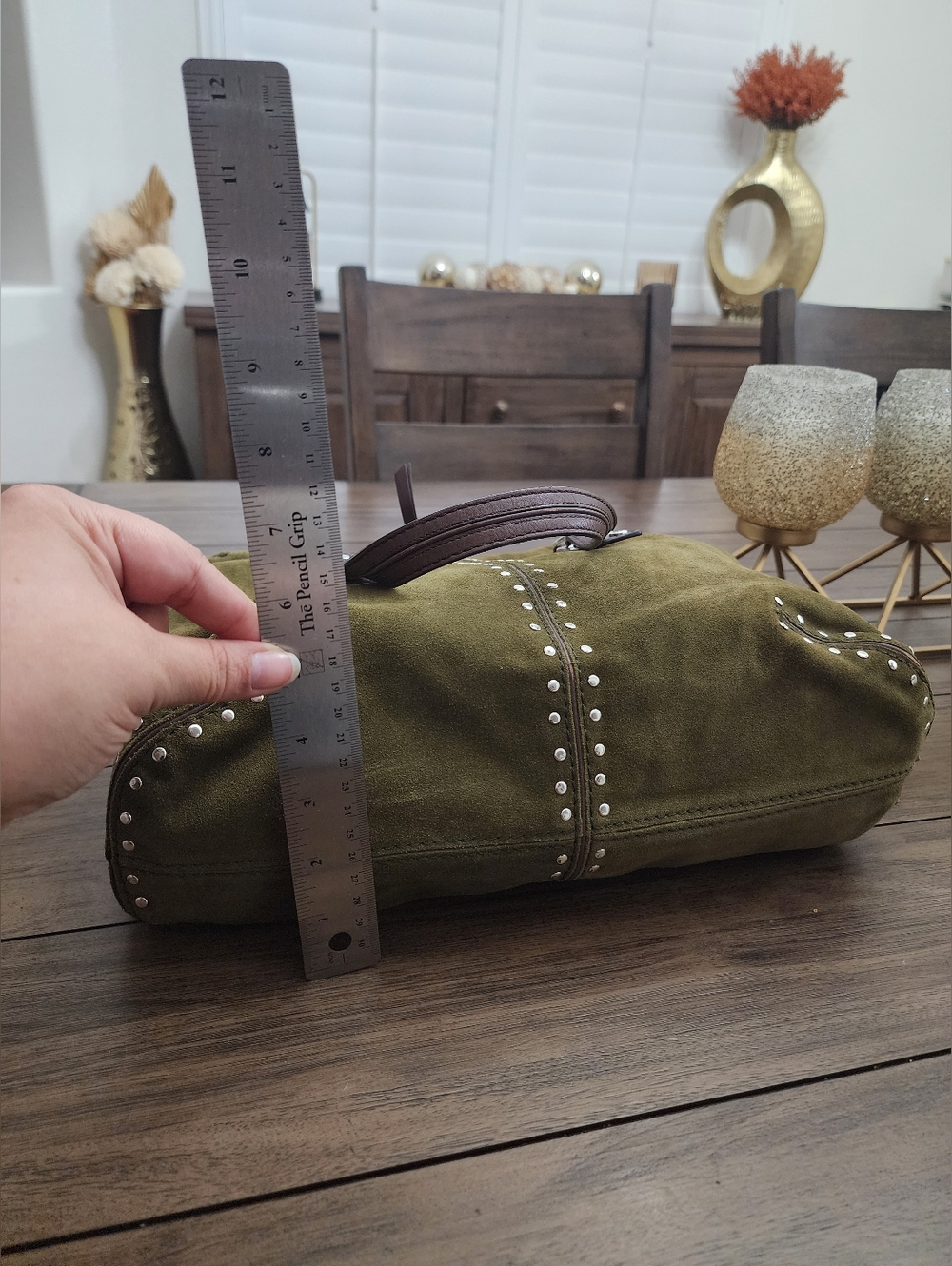 Michael Kors Olive Green Suede Silver Studded Handbag Astor Collection - Picture 8 of 13